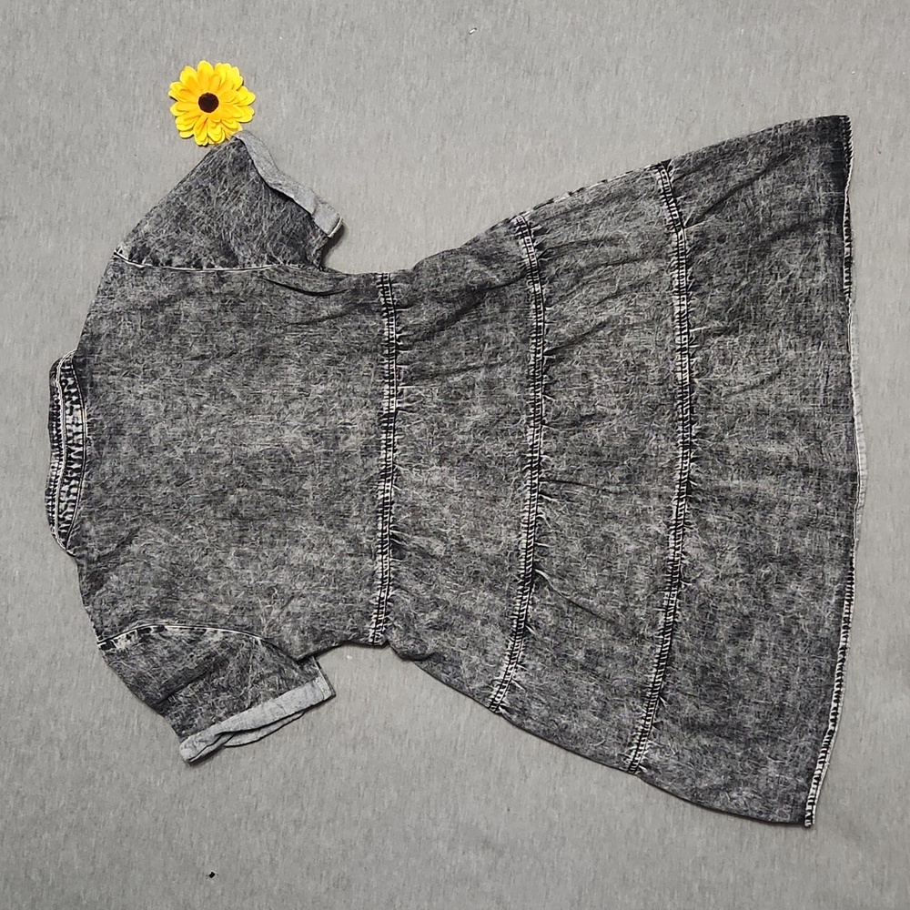Vintage Acid Wash Black Gray Denim Button Down Collared Babydoll Mini Dress - Picture 9 of 14